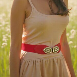 New Women Coral Belt High Waist Hip Gold Metal Eye Buckle Pearl Beads Size S M